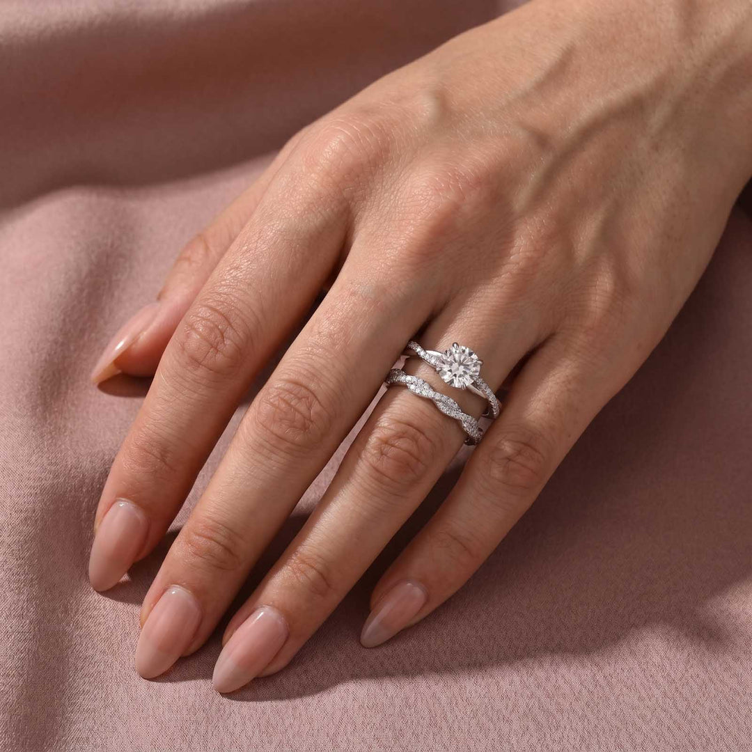 S925 Moissanite 1Ct Round Twist Bridal Ring Set Promise Ring With 0.35Ct Wedding Band Stackable Rings