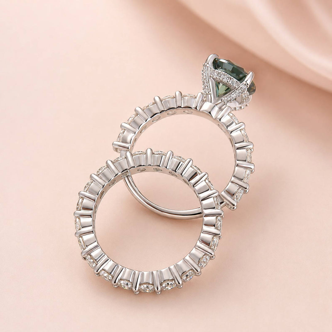 S925 Green Moissanite 3.0Ct Round Cut 18K White Gold Engagement Ring/Wedding Sets
