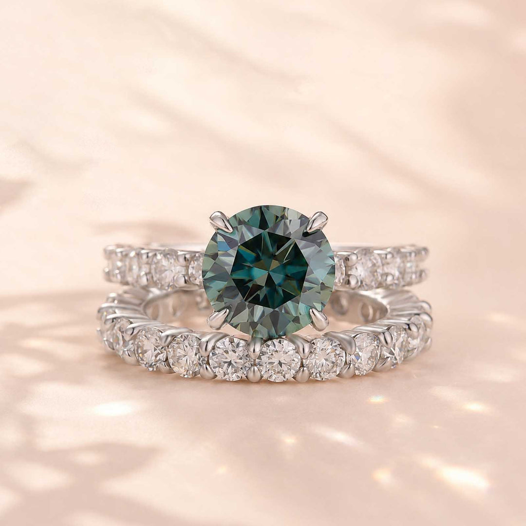 S925 Green Moissanite 3.0Ct Round Cut 18K White Gold Engagement Ring/Wedding Sets