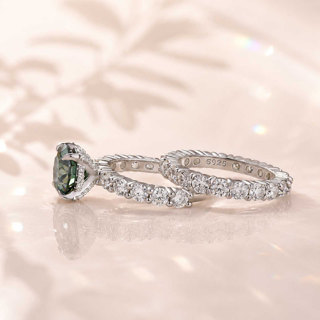 S925 Green Moissanite 3.0Ct Round Cut 18K White Gold Engagement Ring/Wedding Sets