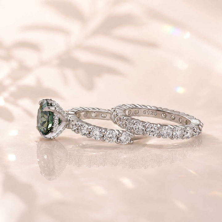 S925 Green Moissanite Hidden Halo 3.0Ct Round Cut Engagement Ring with Classic 2.5Ct Round Cut Wedding Band