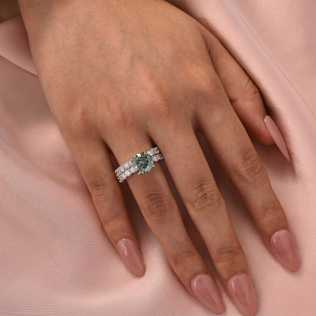 S925 Green Moissanite 3.0Ct Round Cut 18K White Gold Engagement Ring/Wedding Sets