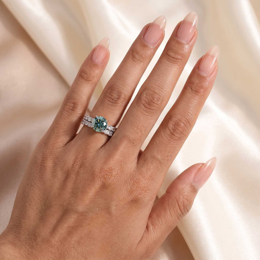 S925 Green Moissanite 3.0Ct Round Cut 18K White Gold Engagement Ring/Wedding Sets