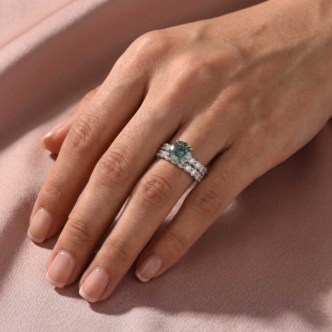 S925 Green Moissanite 3.0Ct Round Cut 18K White Gold Engagement Ring/Wedding Sets