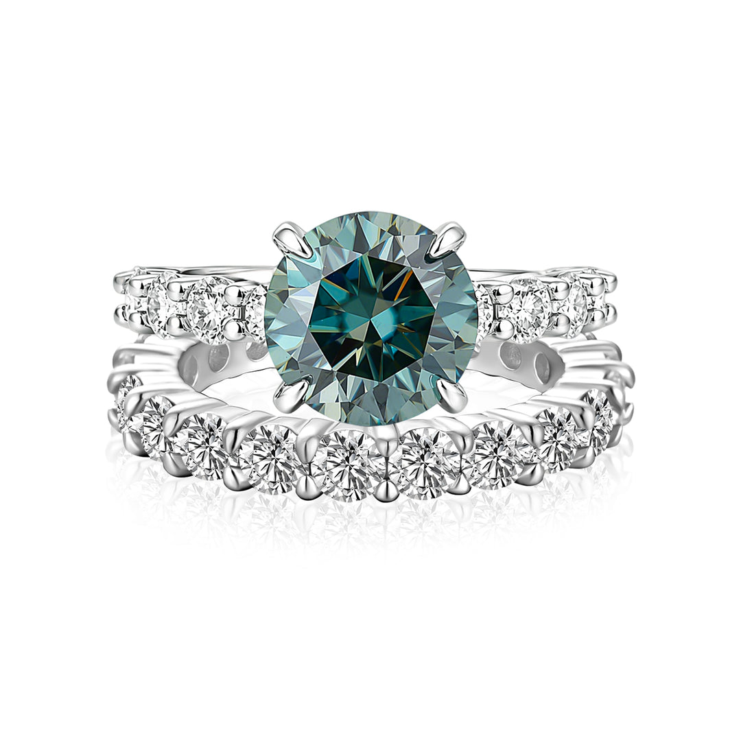 S925 Green Moissanite Hidden Halo 3.0Ct Round Cut Engagement Ring with Classic 2.5Ct Round Cut Wedding Band