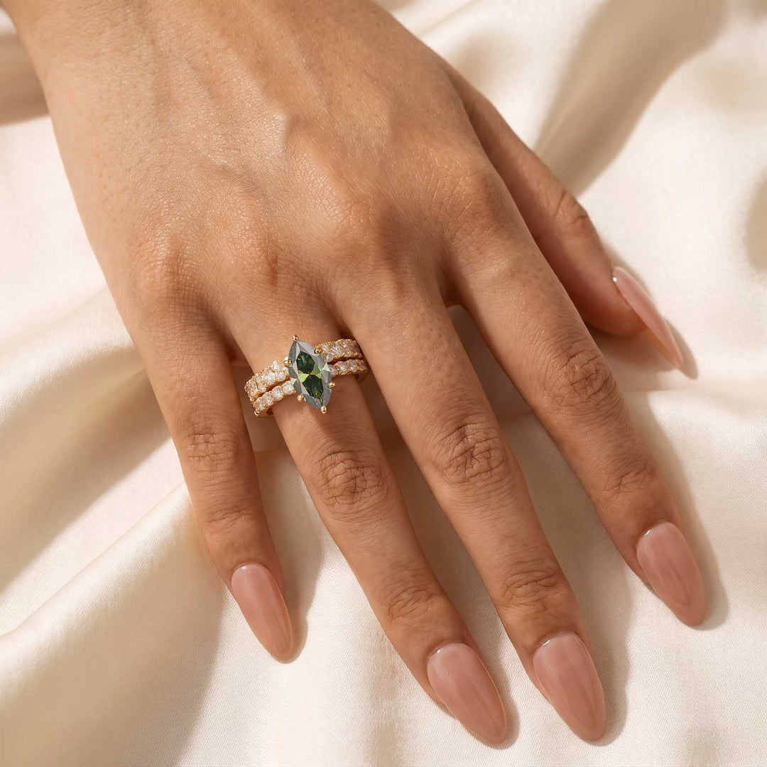 S925 Green Moissanite 3.0 Ct Marquise Cut Side Stone Engagement Ring with 2.5 Ct Round Cut Full Wedding Band