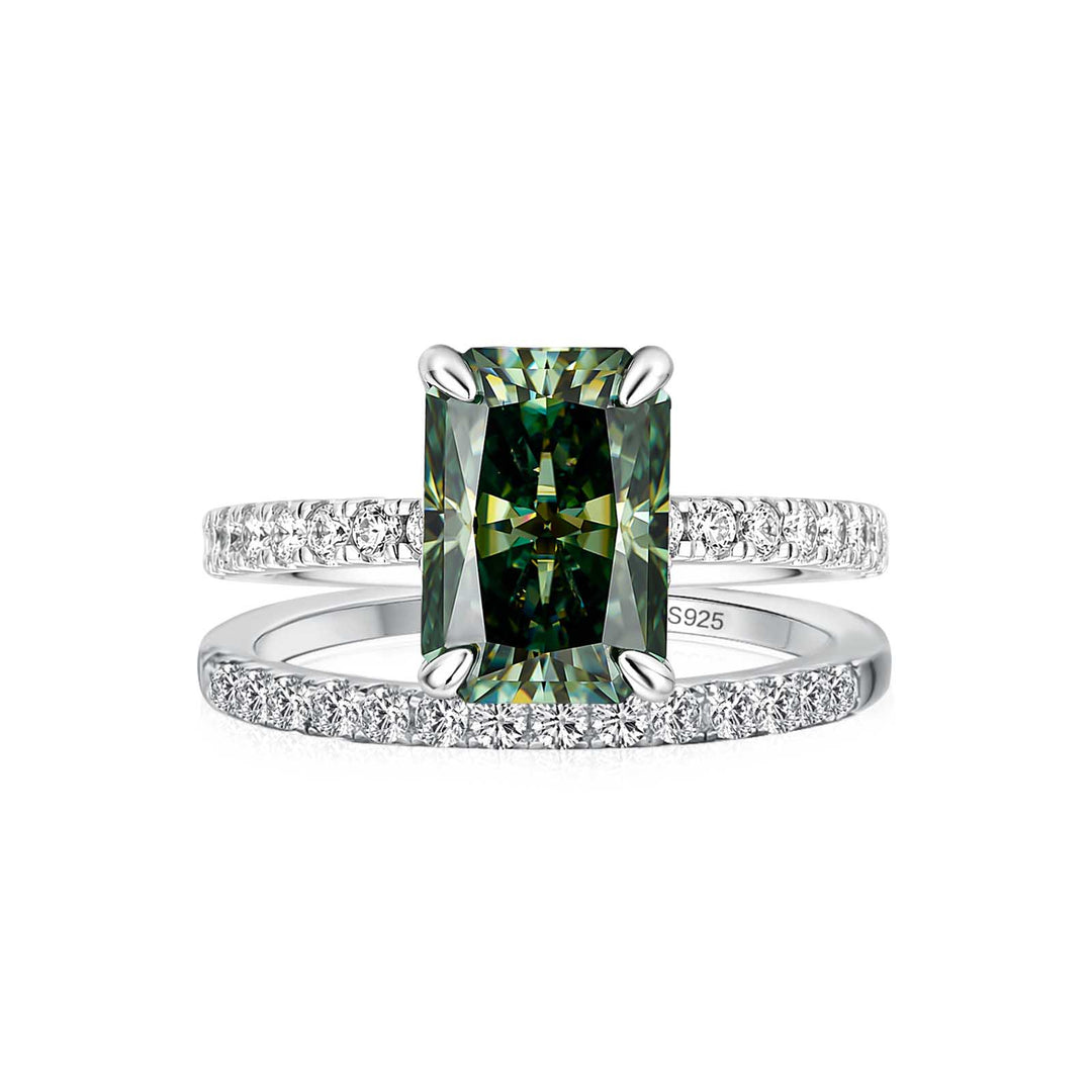 S925 Moissanite 3.5Carat Green Radiant Cut Engagement Ring With 0.5Ct Half Eternity Thin Wedding Band