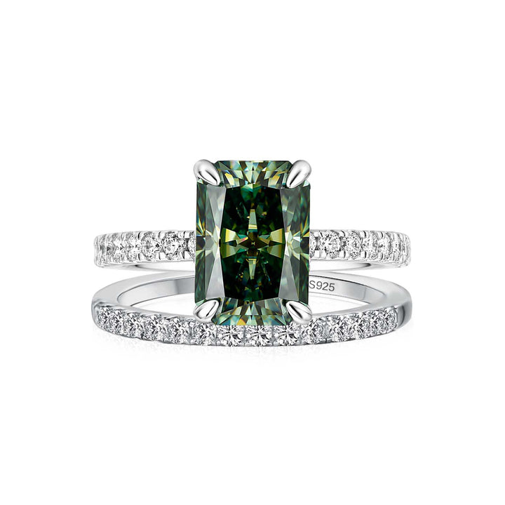 S925 Moissanite 3.5Carat Green Radiant Cut Engagement Ring With 0.5Ct Half Eternity Thin Wedding Band