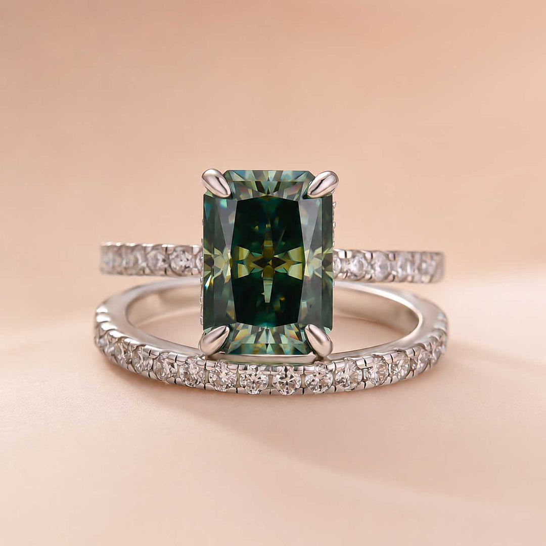 S925 Moissanite 3.5Carat Green Radiant Cut Engagement Ring With 0.5Ct Half Eternity Thin Wedding Band