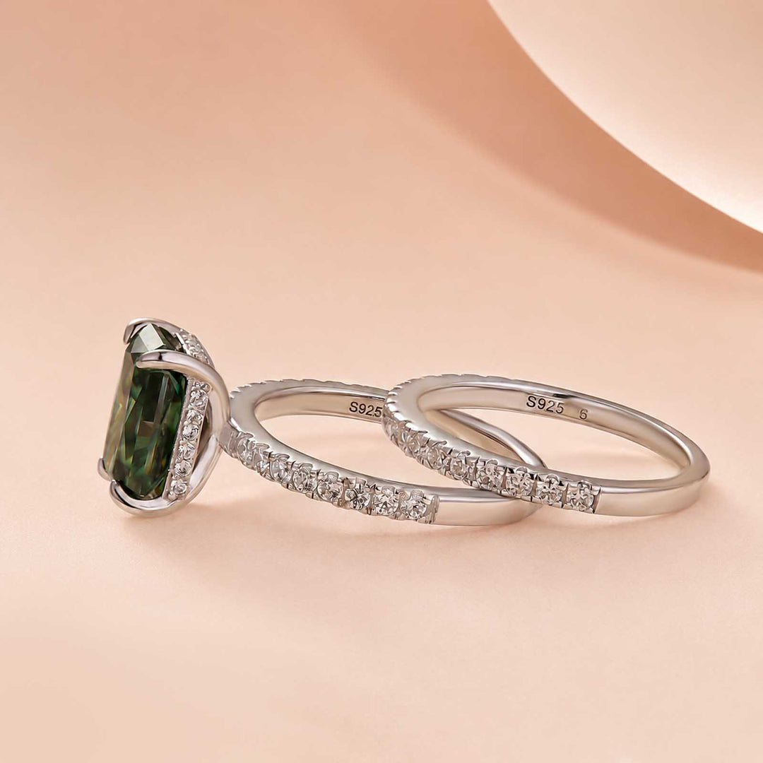 S925 Moissanite 3.5Carat Green Radiant Cut Engagement Ring With 0.5Ct Half Eternity Thin Wedding Band
