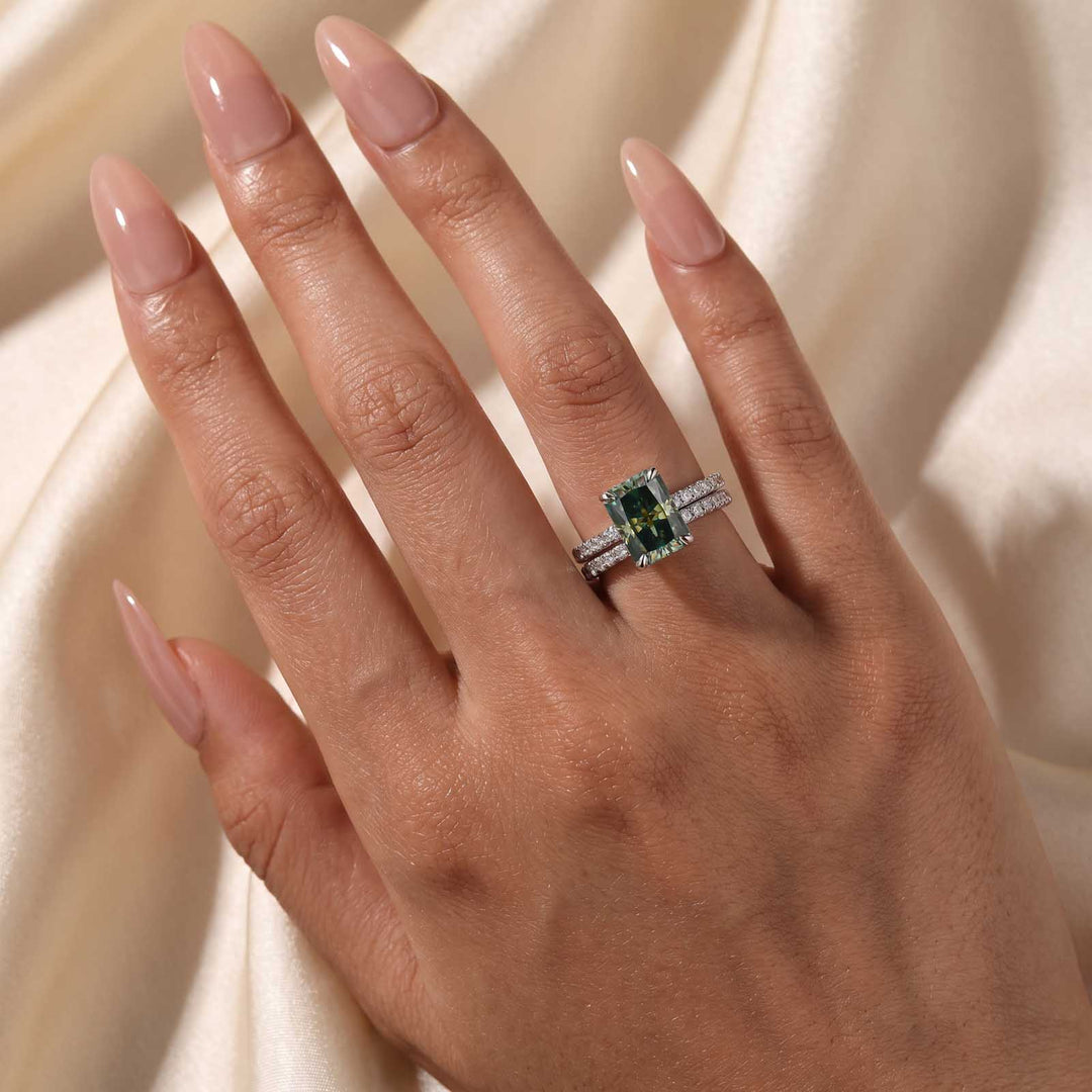 S925 Moissanite 3.5Carat Green Radiant Cut Engagement Ring With 0.5Ct Half Eternity Thin Wedding Band