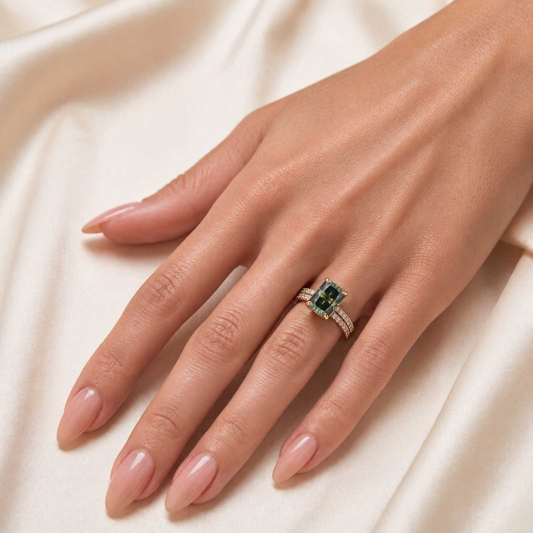 S925 Moissanite 3.5Carat Green Radiant Cut Engagement Ring With 0.5Ct Half Eternity Thin Wedding Band