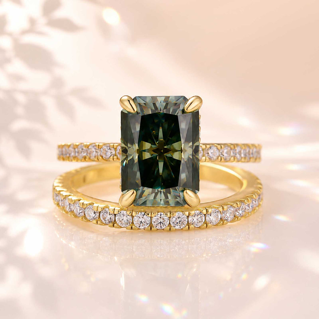 S925 Moissanite 3.5Carat Green Radiant Cut Engagement Ring With 0.5Ct Half Eternity Thin Wedding Band