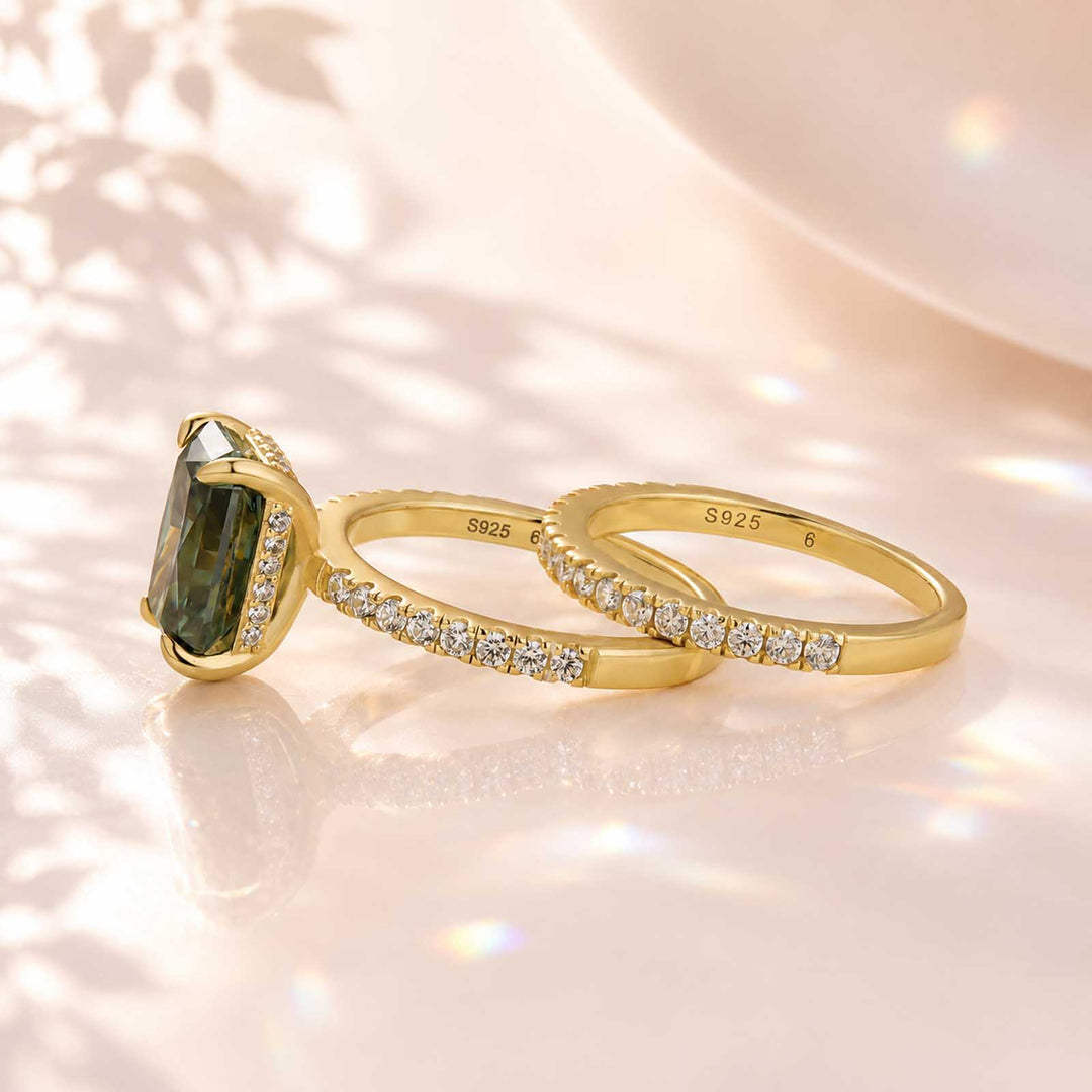 S925 Moissanite 3.5Carat Green Radiant Cut Engagement Ring With 0.5Ct Half Eternity Thin Wedding Band