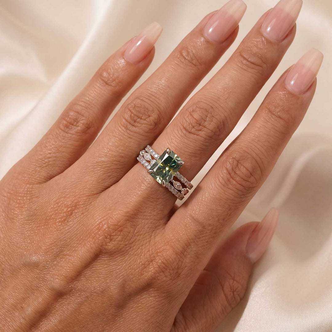 S925 Moissanite 3.5CT Radiant Cut Green Engagement Ring with Round & Marquise Accents Bands