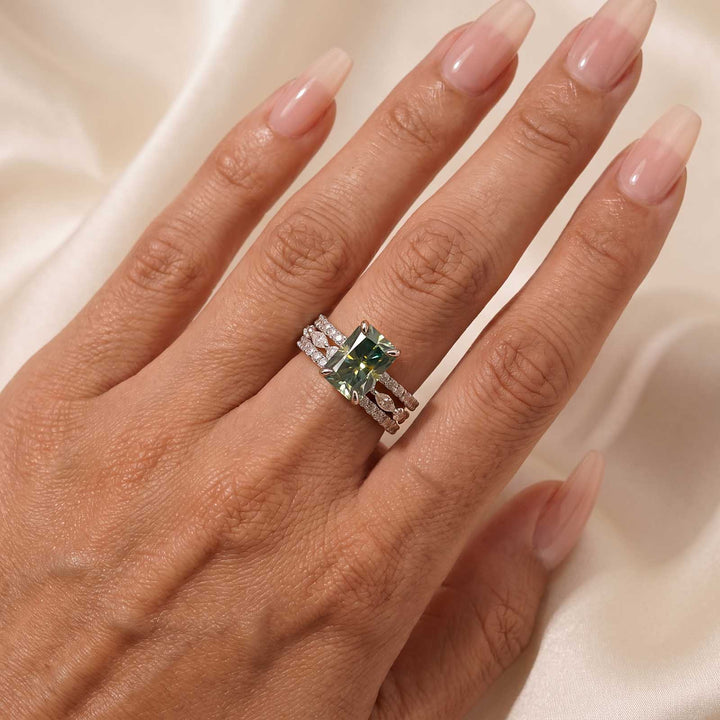 S925 Moissanite 3.5CT Radiant Cut Green Engagement Ring with Round &amp; Marquise Accents Bands