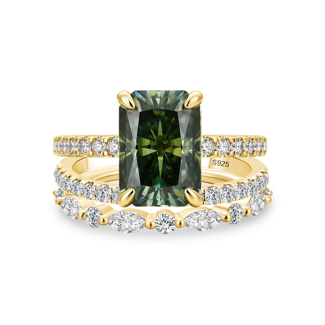 S925 Moissanite 3.5CT Radiant Cut Green Engagement Ring with Round & Marquise Accents Bands