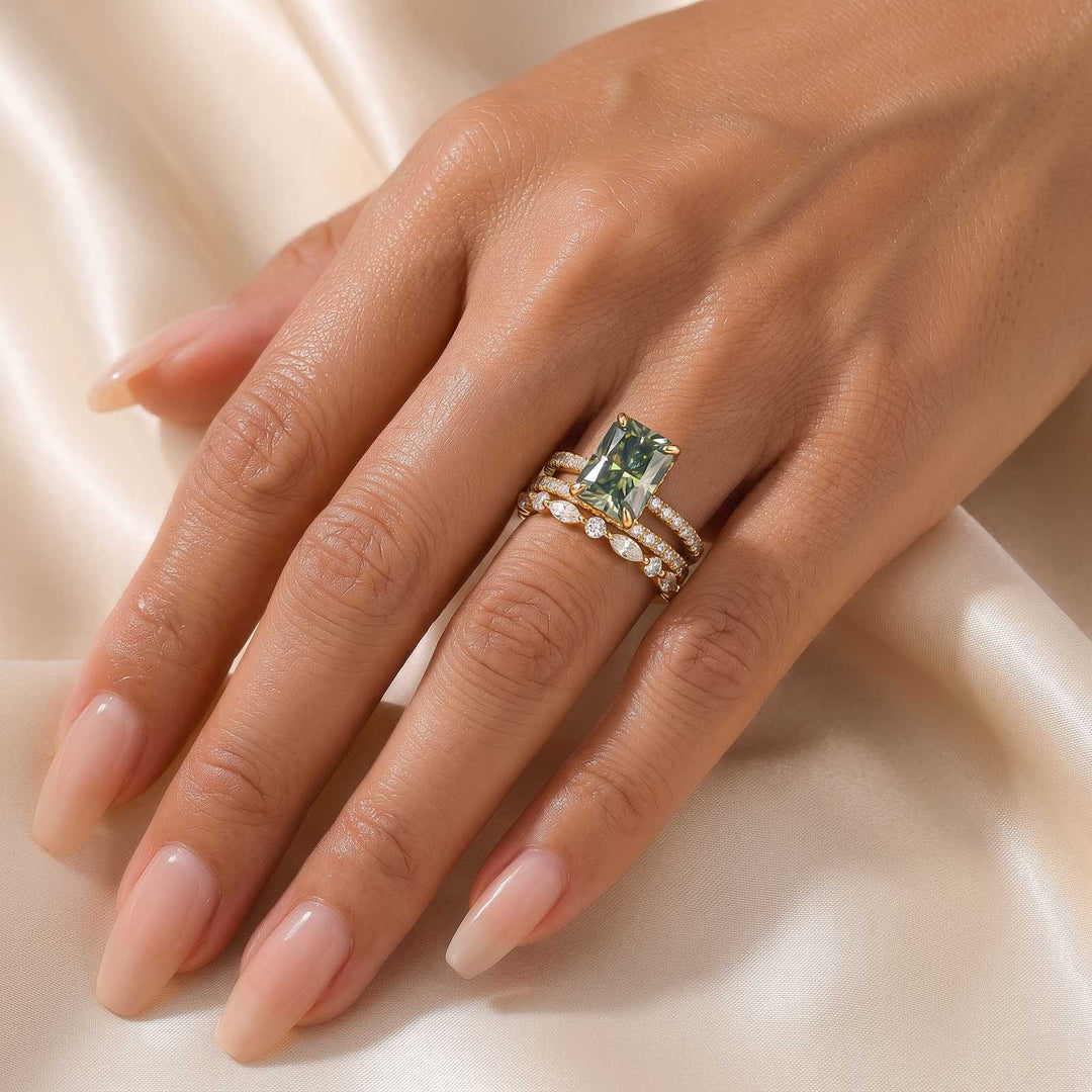 S925 Moissanite 3.5CT Radiant Cut Green Engagement Ring with Round & Marquise Accents Bands