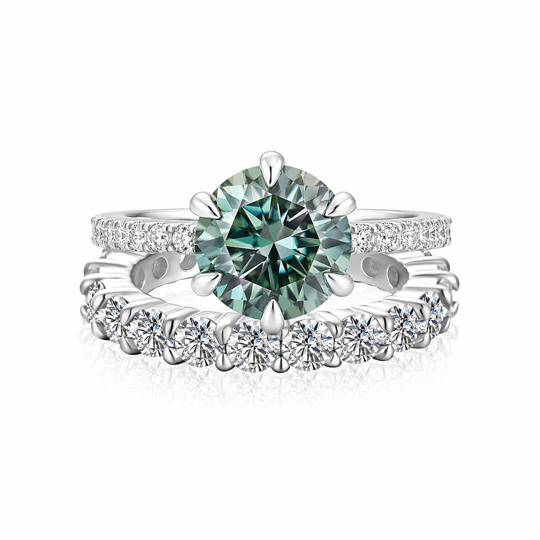 S925 Green Moissanite Solitaire 3.0Ct Round Cut Engagement Ring With 2.5Ct Round Cut Wedding Band