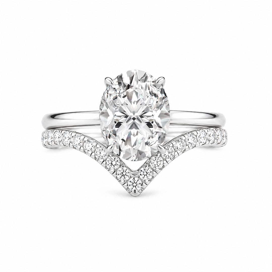 S925 Moissanite 2.0Ct Oval Cut Bridal Ring Set with 0.5Ct V-Shaped Wedding Band