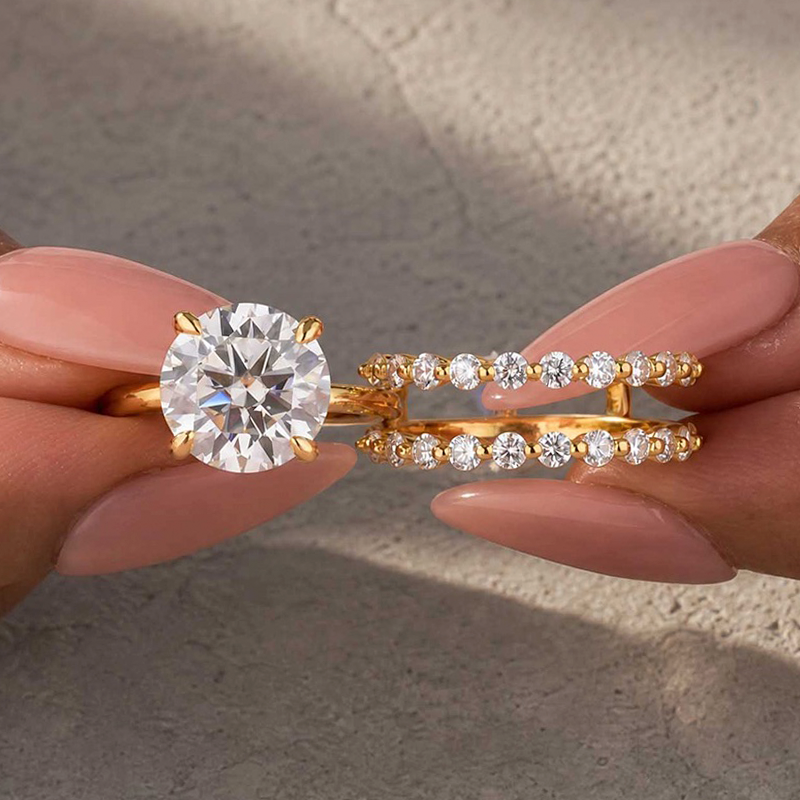 S925 Hidden Halo Moissanite 4.0Ct Round-Cut 18K Yellow Gold Enhancer Bridal Ring Set