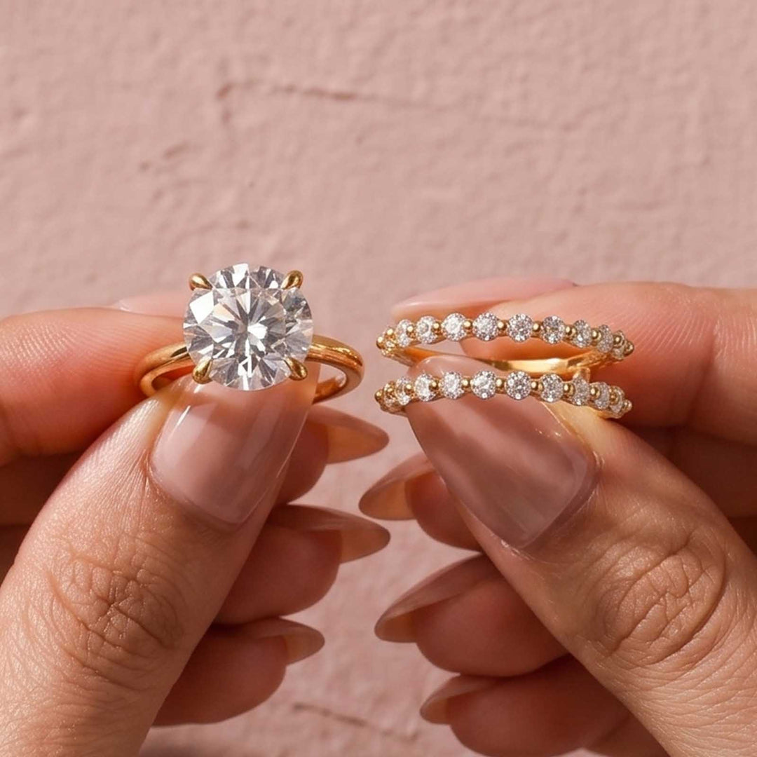 S925 Hidden Halo Moissanite 4.0Ct Round-Cut 18K Yellow Gold Enhancer Bridal Ring Set