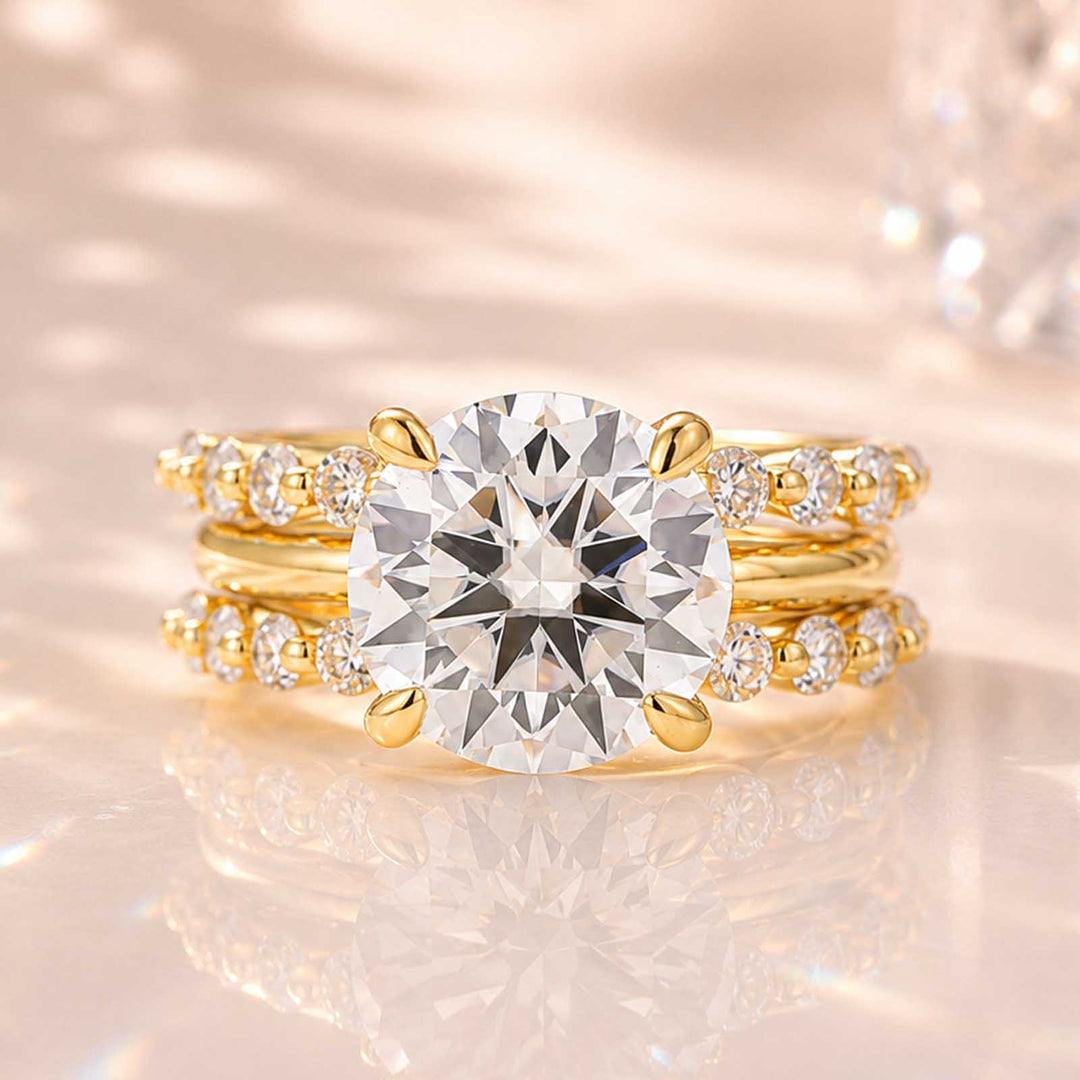 S925 Hidden Halo Moissanite 4.0Ct Round-Cut 18K Yellow Gold Enhancer Bridal Ring Set