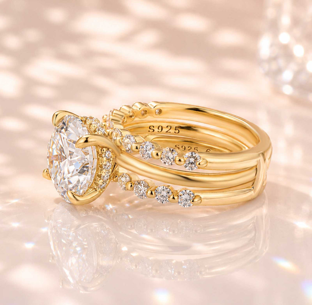 S925 Hidden Halo Moissanite 4.0Ct Round-Cut 18K Yellow Gold Enhancer Bridal Ring Set