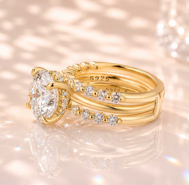 S925 Hidden Halo Moissanite 4.0Ct Round-Cut 18K Yellow Gold Enhancer Bridal Ring Set