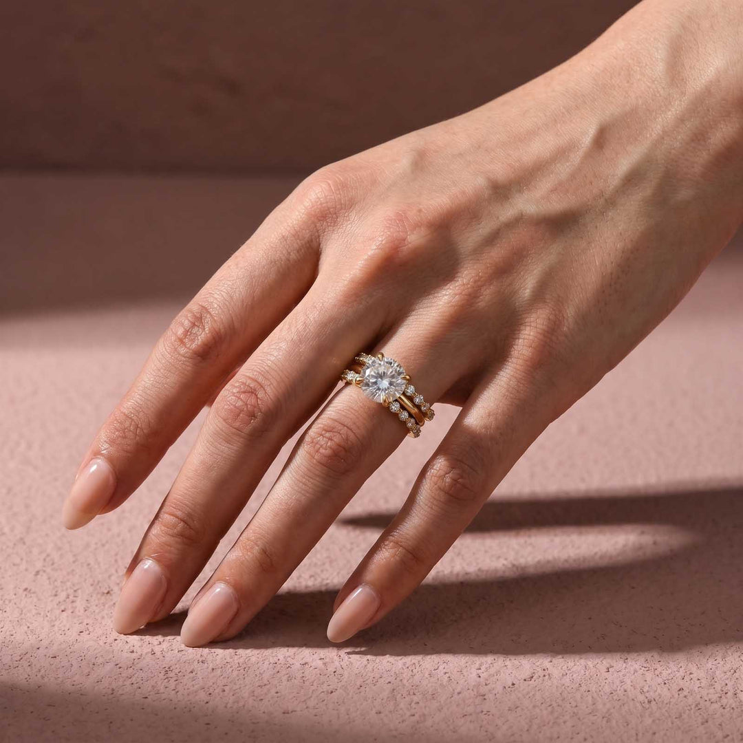 S925 Hidden Halo Moissanite 4.0Ct Round-Cut 18K Yellow Gold Enhancer Bridal Ring Set