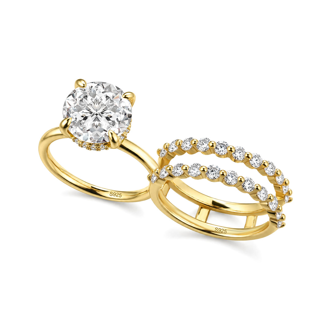 S925 Hidden Halo Moissanite 4.0Ct Round-Cut 18K Yellow Gold Enhancer Bridal Ring Set