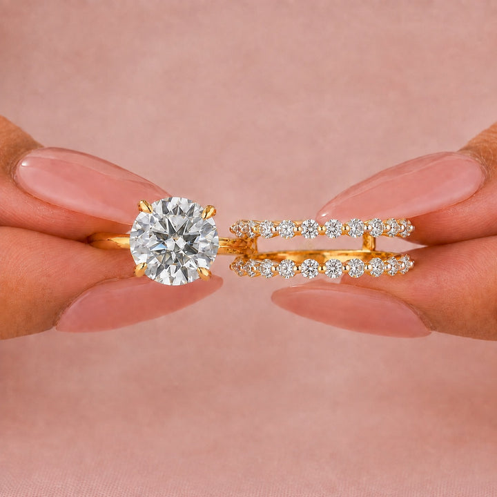 S925 Hidden Halo Moissanite 4.0Ct Round-Cut 18K Yellow Gold Enhancer Bridal Ring Set