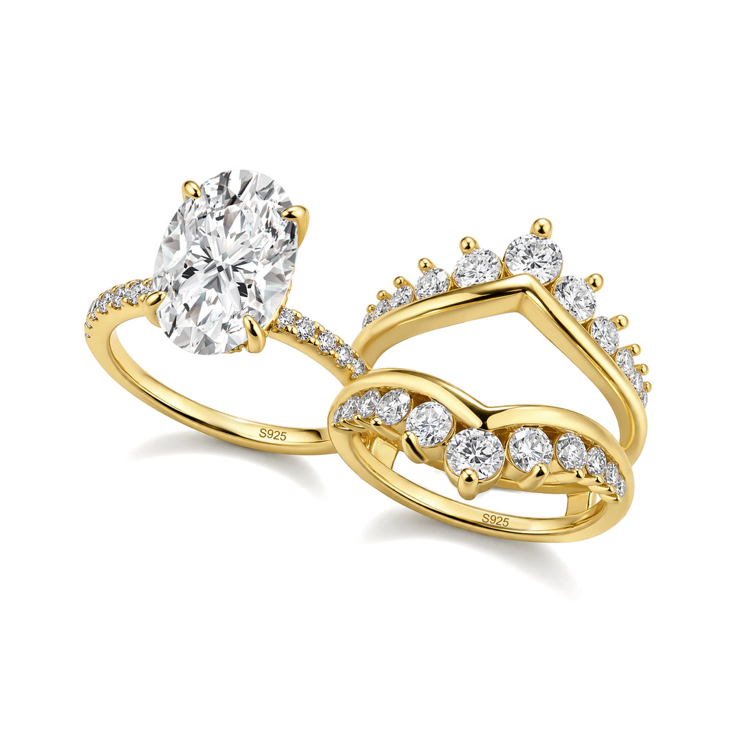 S925 Moissanite 4.0Ct Oval Cut Engagement Ring in Sterling Silver with V-Shaped Crown Enhancer 1.7Ct Round Cut Wedding Band
