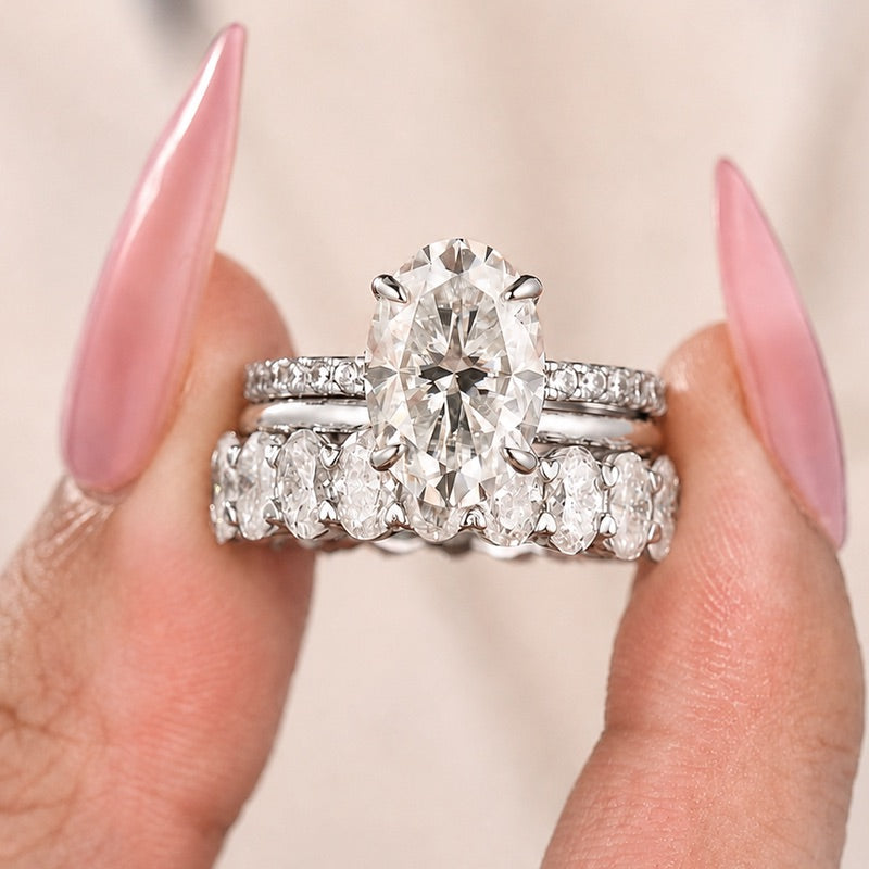Moissanite 3PC 4.0CT Oval Cut Hidden Halo Full Eternity & Pavé Stackable Statement Ring Set For Women