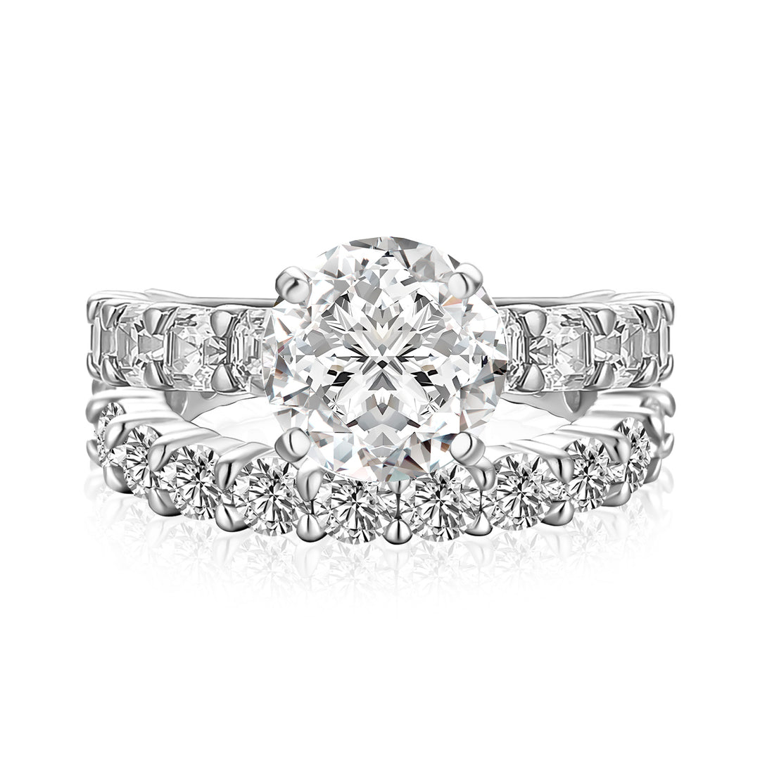 S925 Moissanite Side Stone 2.0Ct Round Cut Engagement Ring With 2.5Ct Full Eternity Band
