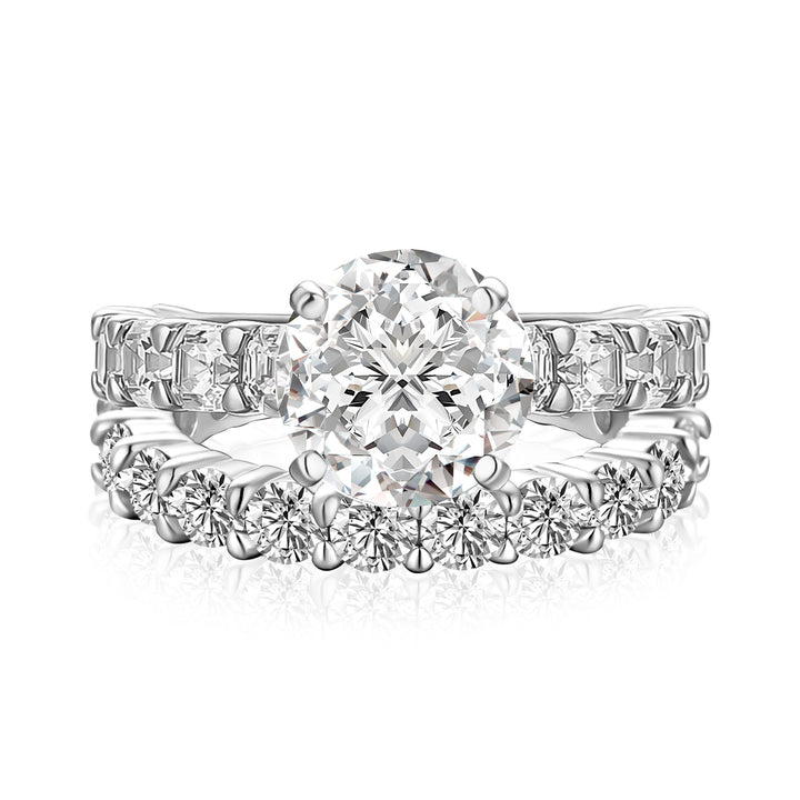 S925 Moissanite Side Stone 2.0Ct Round Cut Engagement Ring With 2.5Ct Full Eternity Band