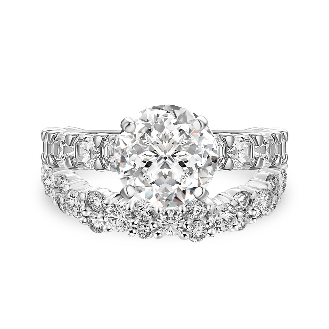 S925 Classic Moissanite 2.0Ct Round Cut Ring & 2.5Ct Stack Band Set