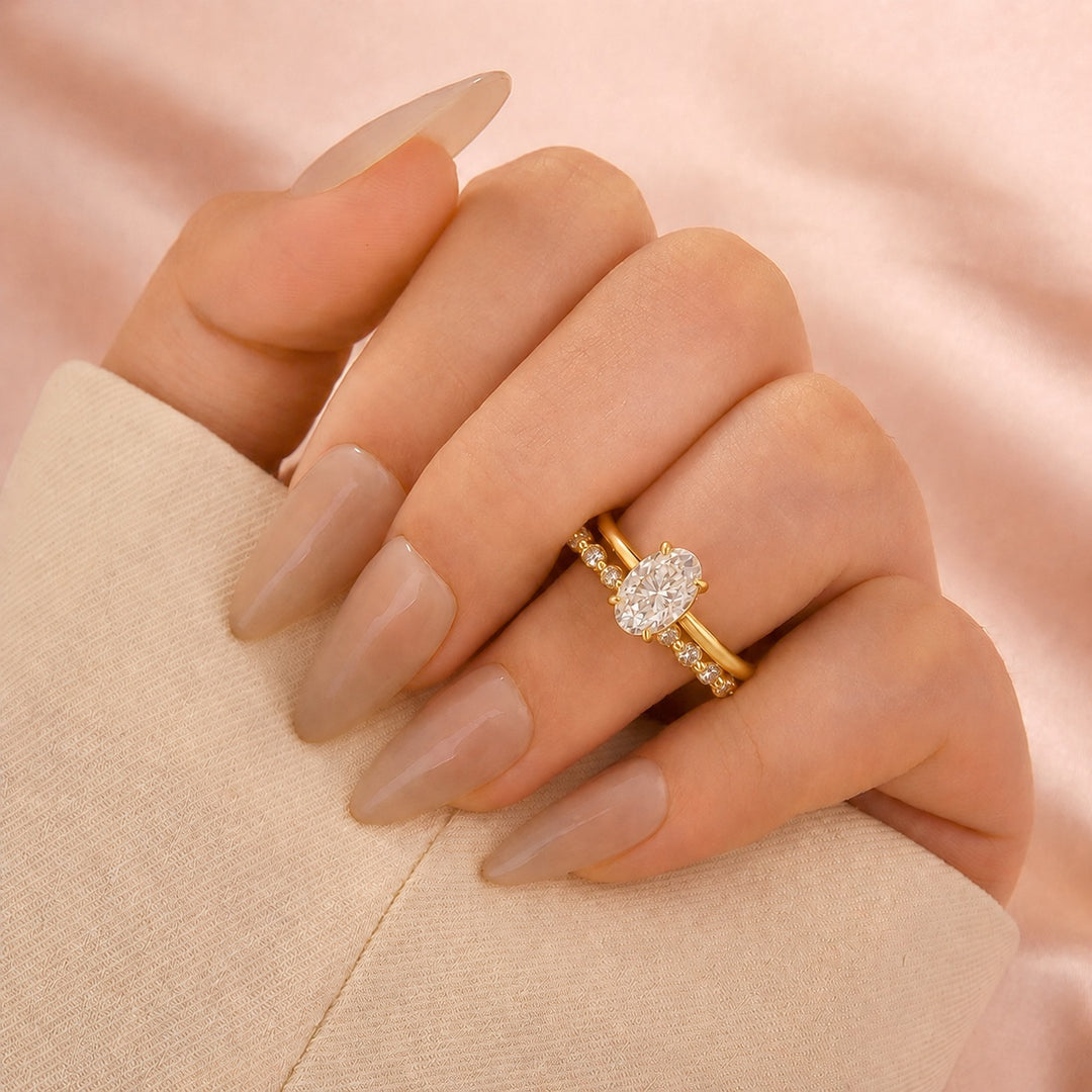 Moissanite 3.0Ct~4.0Ct Hidden Halo Oval Cut Yellow Gold Engagement Ring with 1.5Ct Round Cut Wedding Band