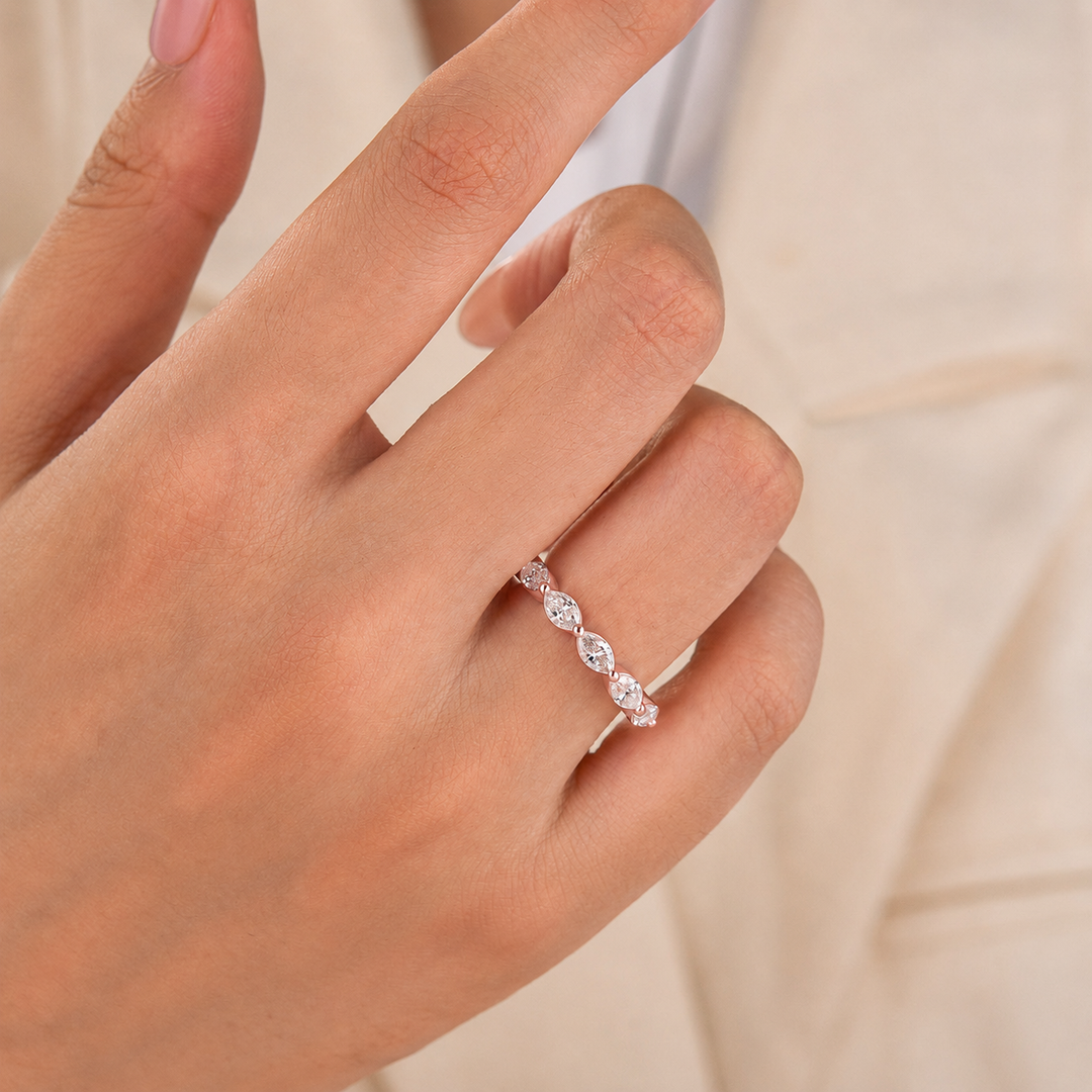 Moissanite 1.75CT Marquise Cut Stackable Half Eternity Ring In Sterling Silver