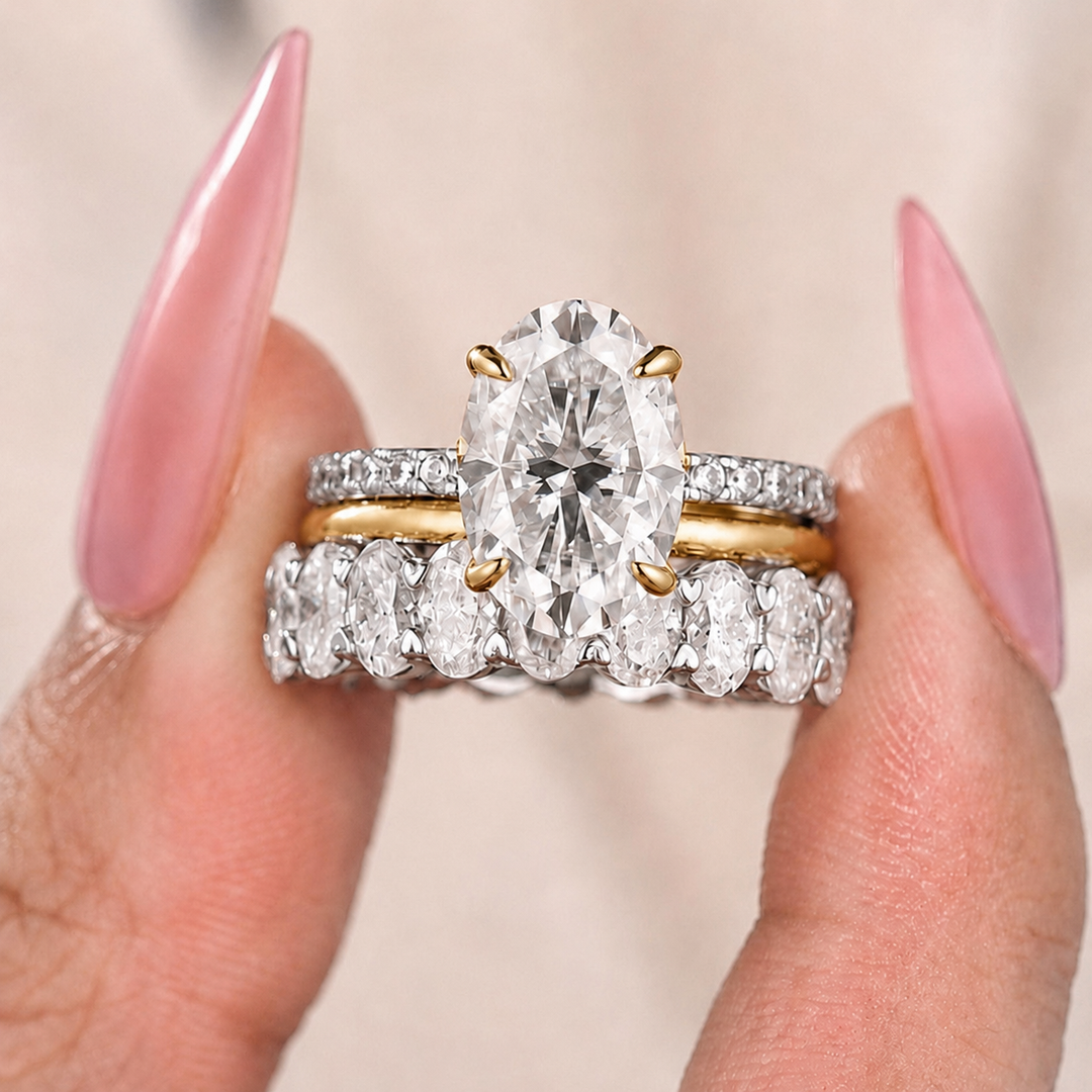 Moissanite 3PC 4.0CT Oval Cut Hidden Halo Full Eternity & Pavé Stackable Statement Ring Set For Women