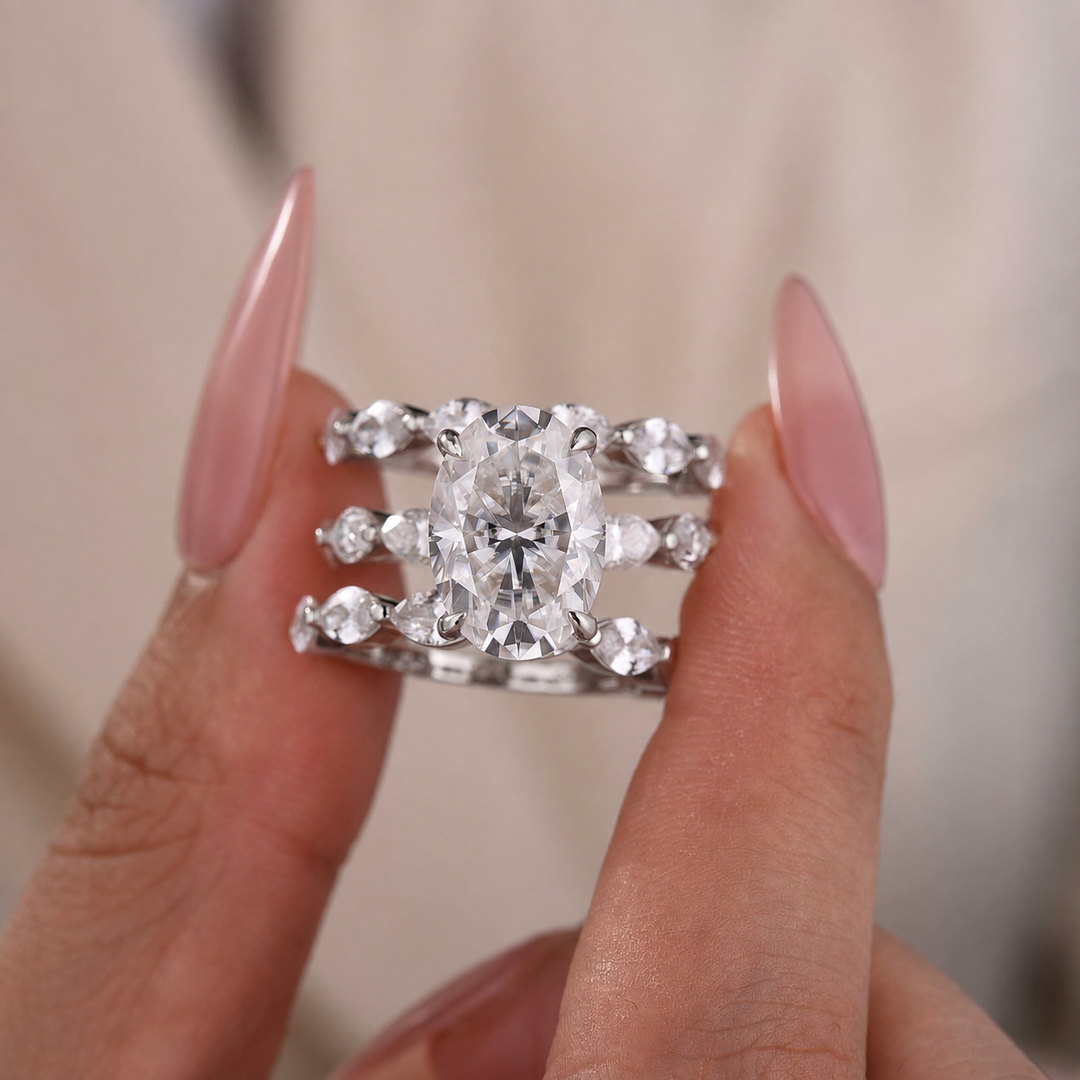 Moissanite 3PC 5.5CT Oval Cut Nature-Inspired Floral Stackable Statement Ring Sets For Travel