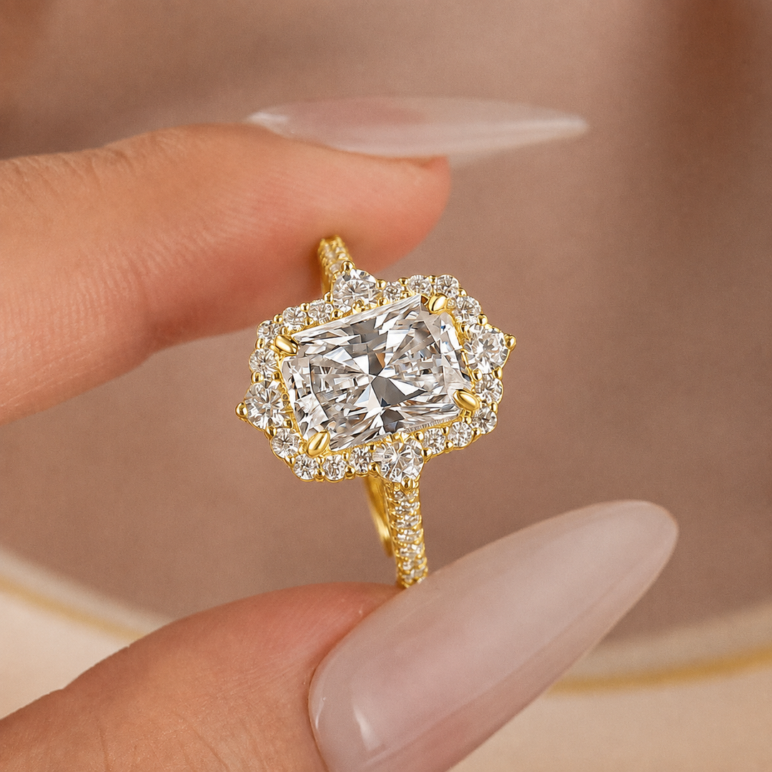 Moissanite 3.0Ct Radiant Cut Halo Vintage White Gold Engagement Anniversary Ring in Sterling Silver