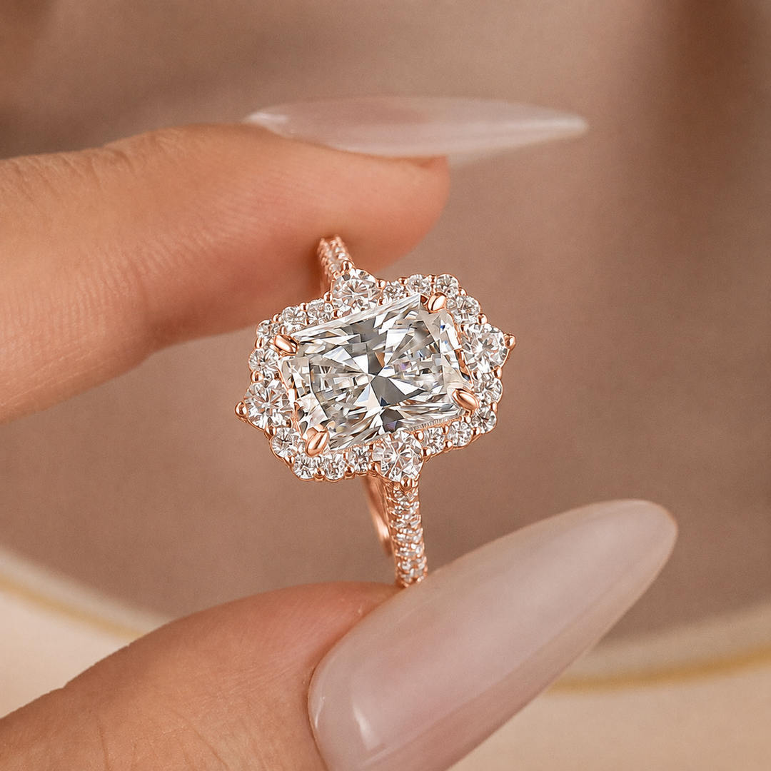 Moissanite 3.0Ct Radiant Cut Halo Vintage White Gold Engagement Anniversary Ring in Sterling Silver