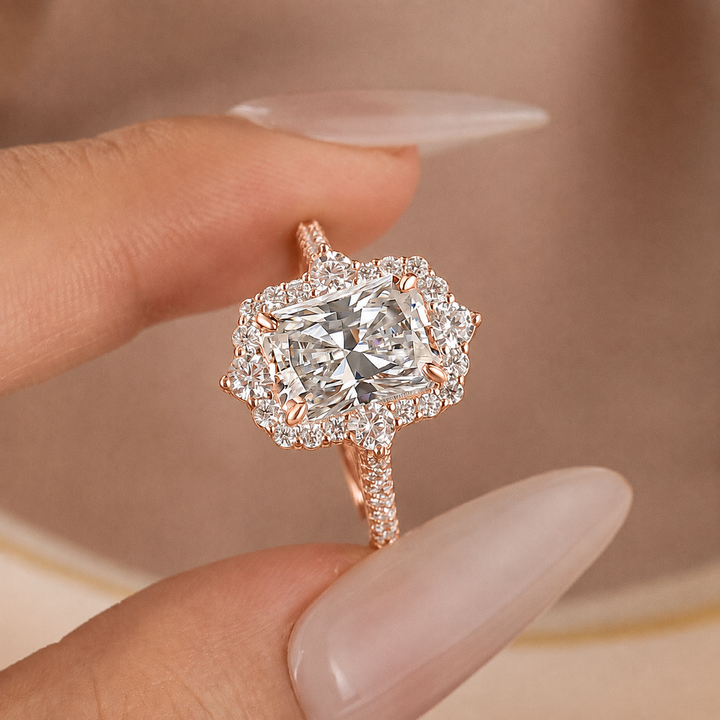 Moissanite 3.0Ct Radiant Cut Halo Vintage White Gold Engagement Anniversary Ring in Sterling Silver