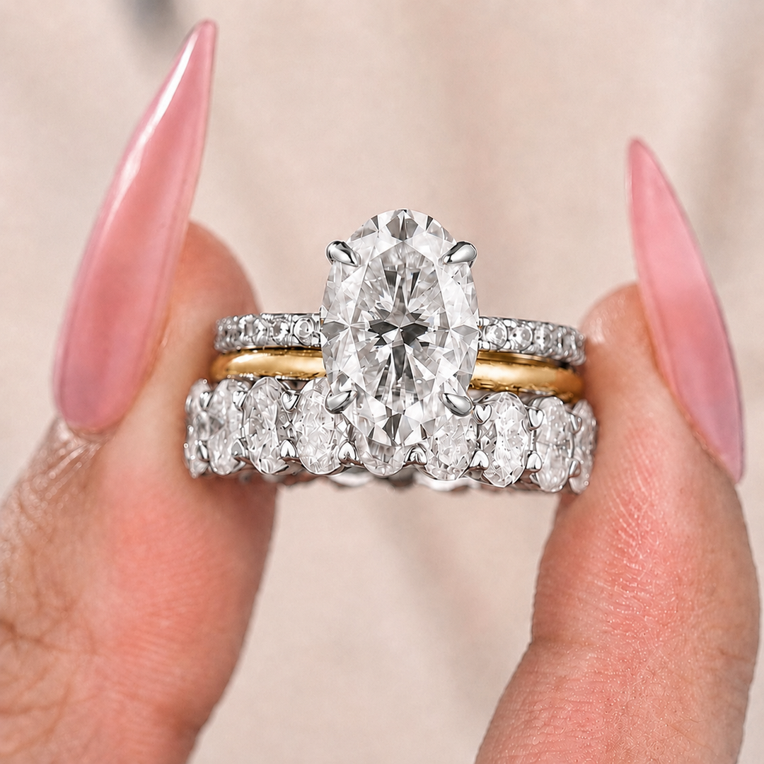 Moissanite 3PC 4.0CT Oval Cut Hidden Halo Full Eternity & Pavé Stackable Statement Ring Set For Women