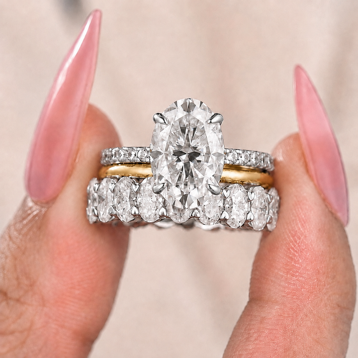Moissanite 3PC 4.0CT Oval Cut Hidden Halo Full Eternity &amp; Pavé Stackable Statement Ring Set For Women