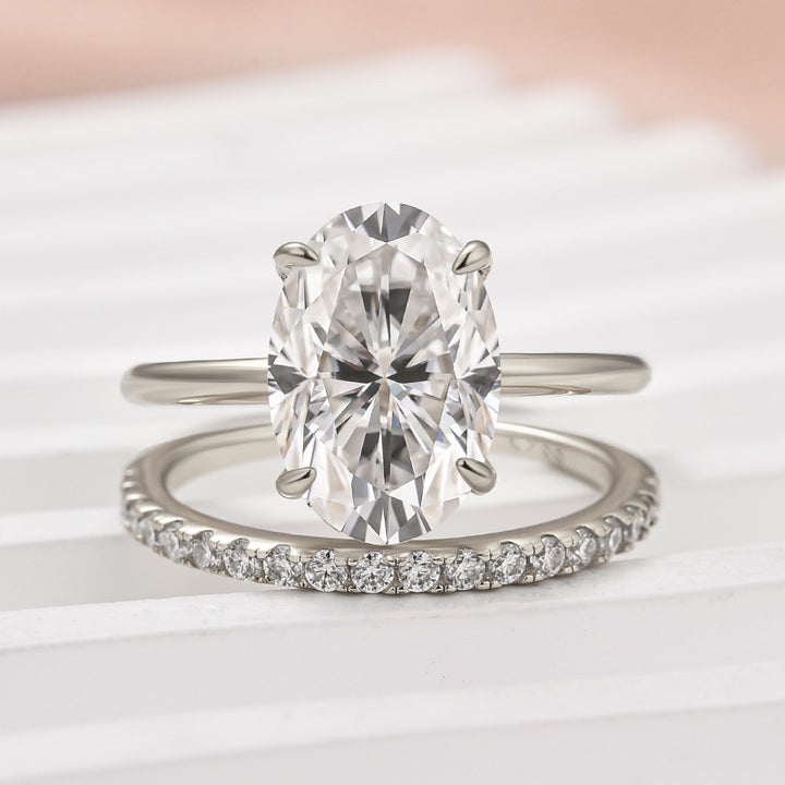 Rodiffy Moissanite 4.0 Ct Hidden Halo Solitaire Oval Cut White Gold Wedding Ring