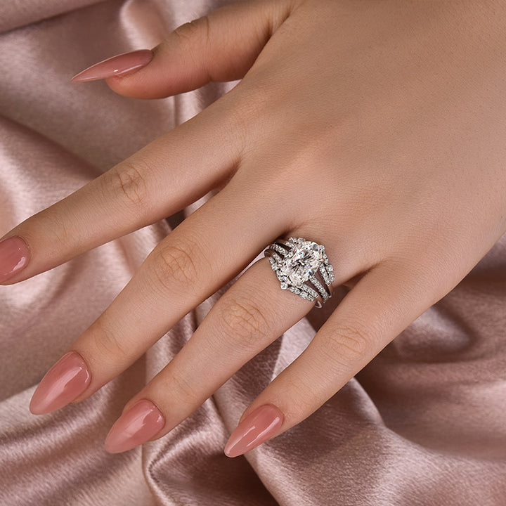 Moissanite 4.0Ct Oval Cut White Gold Stack Wedding Ring with Jacket Wedding Band