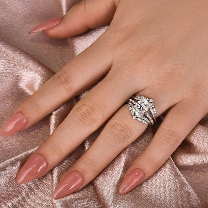 Moissanite 3.5Ct Radiant Cut White Gold Stack Wedding Ring with Jacket Wedding Band