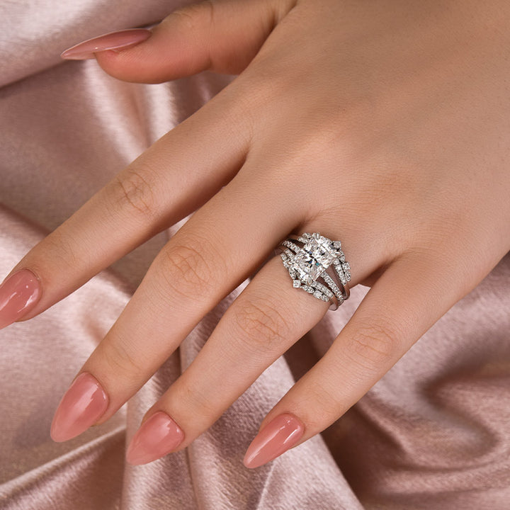 Moissanite 3.5Ct Radiant Cut White Gold Stack Wedding Ring with Jacket Wedding Band